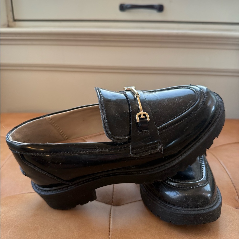 Sam Edelman Black Patent Loafers with Gold Accents